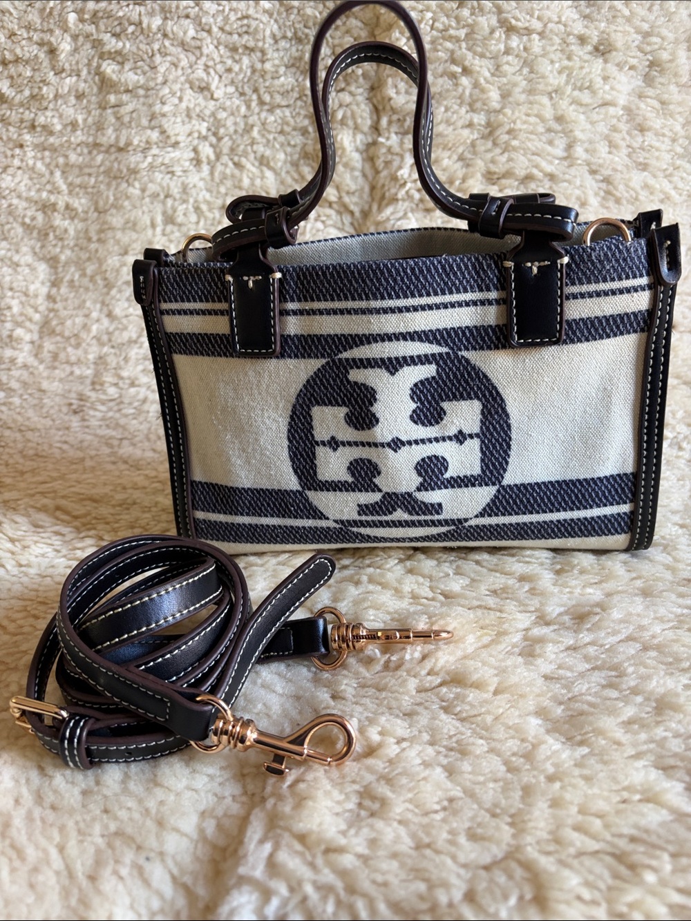 Tory Burch Navy and Cream Canvas Mini Tote with Leather Trim